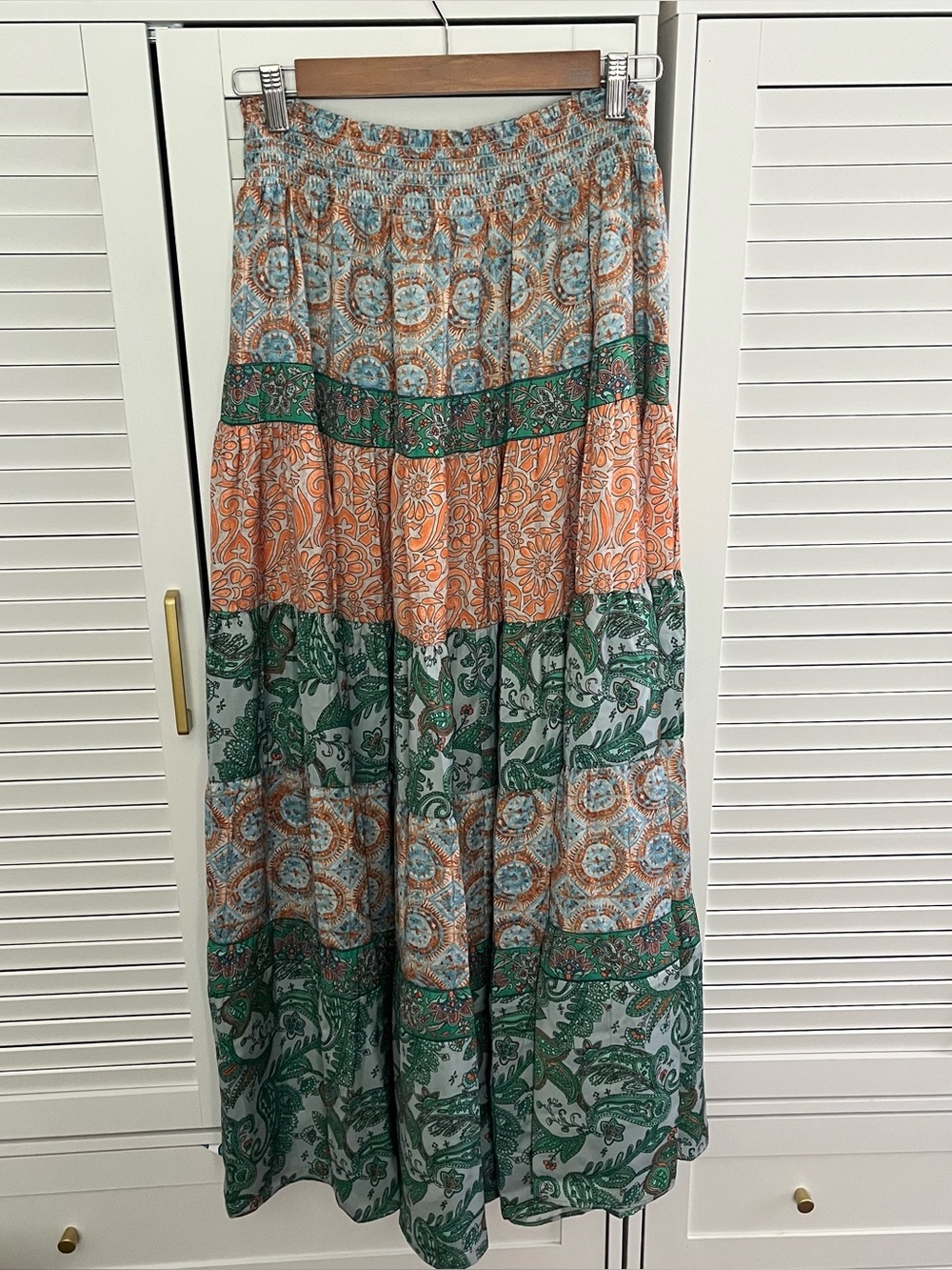 Ramy Brook Tiered Patchwork Print Maxi Skirt Womens M Elastic Waist Boho Fairy